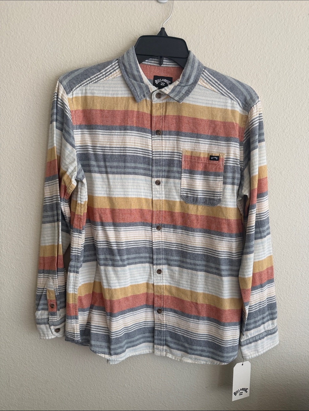 Billabong Striped Button-Down Shirt in Gray, Rust & Mustard